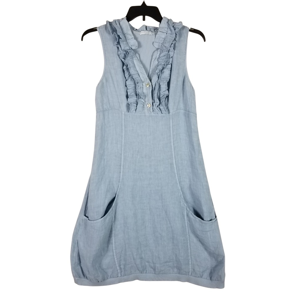 Made in Italy Tunic Dress Women L/XL Blue Linen Ruffle Sleeveless Pockets 18-88